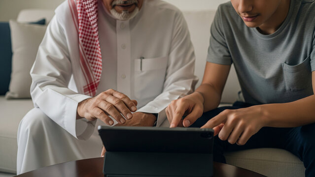 Cropped shot of Saudi grandfather sharing digital tablet moment with teenage grandson in modern living room