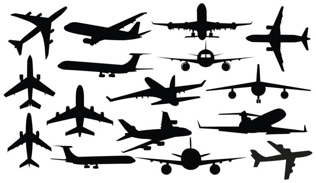 Airplane and jet silhouette vector pack featuring multiple aircraft views for travel, aviation, transport, and pilot-training design projects.
