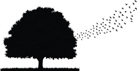 Silhouette of a large tree with flying birds symbolizing freedom, nature, and motion for design, decor, and concept art