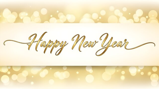Elegant Horizontal Banner with the Phrase "Happy New Year" Written in Flowing Gold Script Typography.