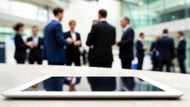 A digital tablet lies on a table in the foreground, reflecting a blurred scene of business people networking and collaborating in a modern office - Powered by Adobe