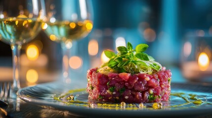 Exquisite Tuna Tartare with Basil Garnish, Wine Glasses, Romantic Dinner Ambiance.
