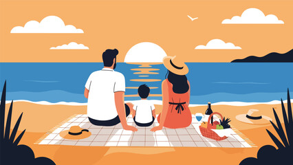 Family enjoying a picnic while watching the sunset during their summer holiday. Ideal for peaceful outdoor lifestyle, vacation memories, and travel content