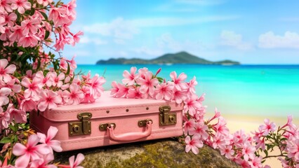 A charming pink vintage suitcase, adorned with delicate pink flowers, rests on a tropical beach with turquoise ocean and a distant island, symbolizing a romantic summer vacation