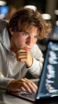 Coding in Focus: A concentrated individual, bathed in the glow of a computer screen, diligently crafts lines of code, signifying the modern era of tech-savvy expertise. 
