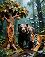 Naklejka premium Tiger and bear in the woods