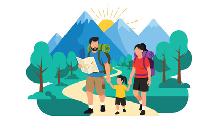 Family hiking together along a summer forest trail. Ideal for adventure lifestyle, travel outdoors, and healthy family recreation themes