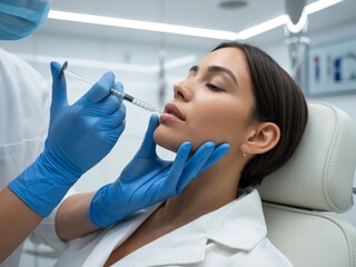 Close-up of a cosmetic injector performing hyaluronic acid lip filler injection in a modern clinic, client reclining