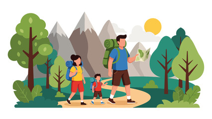 Family hiking together along a summer forest trail. Ideal for adventure lifestyle, travel outdoors, and healthy family recreation themes