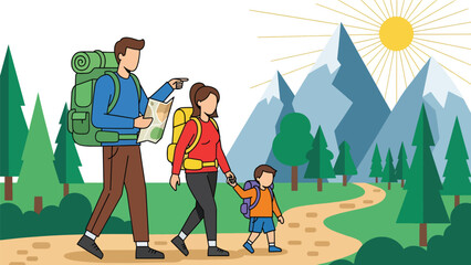 Family hiking together along a summer forest trail. Ideal for adventure lifestyle, travel outdoors, and healthy family recreation themes