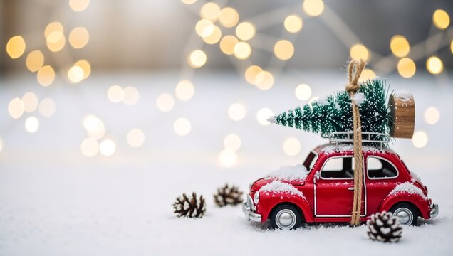 Red vintage toy car carrying a Christmas tree on the roof. Winter holiday background with snow and bokeh lights. Xmas delivery concept with copy space - Powered by Adobe