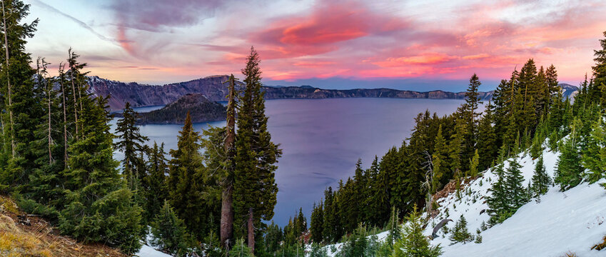 Scenic Panoramic View of Crater Lake National Park at Vibrant Sunset