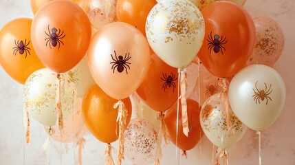 Festive Halloween Balloons - Orange, White, Spider Silhouettes, Party Decorations, Close-Up View.