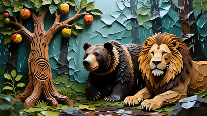 Naklejka premium Lion and bear in the woods