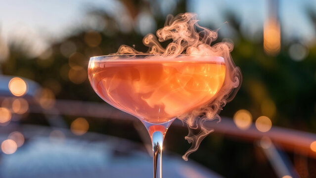 Vibrant Orange Pink Cocktail in Elegant Coupe Glass with Dramatic Smoking Dry Ice Effect