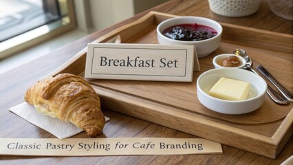 Croissant beside breakfast set on wooden tray gigapixel image