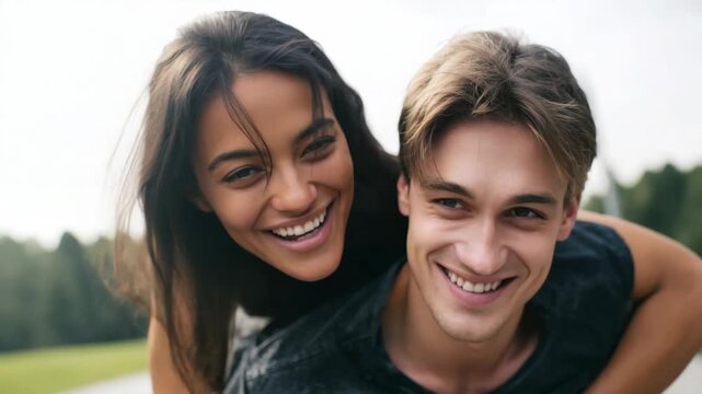 Happy couple enjoying a piggyback ride, laughing and smiling together