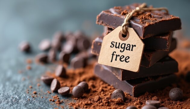 Stack of dark chocolate bars ugar free tag. Cocoa powder, chocolate chips spread on grey surface. Healthy dessert snack good for diet. Sweet food choice for wellness. Delicious treat.