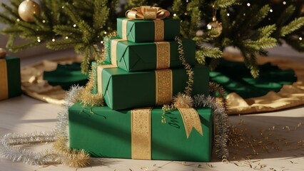 Emerald green presents beautifully stacked under a Christmas tree create a warm festive atmosphere perfect for holiday promotions