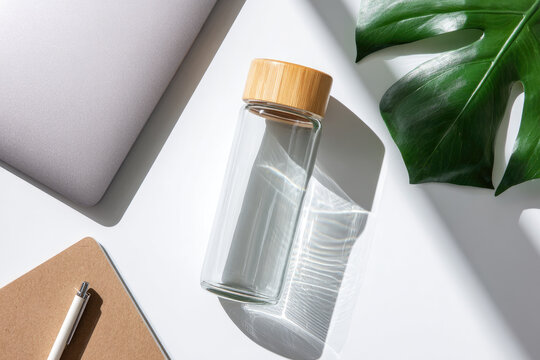 Sustainable office workspace featuring reusable glass water bottle with bamboo lid on white desk surrounded by laptop notebook pen and green leaf for eco friendly lifestyle