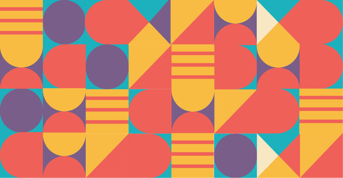 Colorful Geometric Abstract Pattern Background. Retro Modern Shapes with Bold Vibrant Retro Geometric Shape or Pattern with Vintage Pastel Color. Trendy Mid-Century Style Decorative Design. 