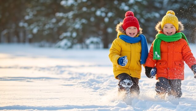Happy children running in snow during winter. Two smiling kids in colorful jackets playing outdoors. Panoramic banner with copy space