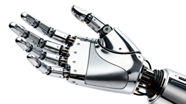 Advanced robotic hand with metallic fingers showcasing intricate design and functionality at innovation lab