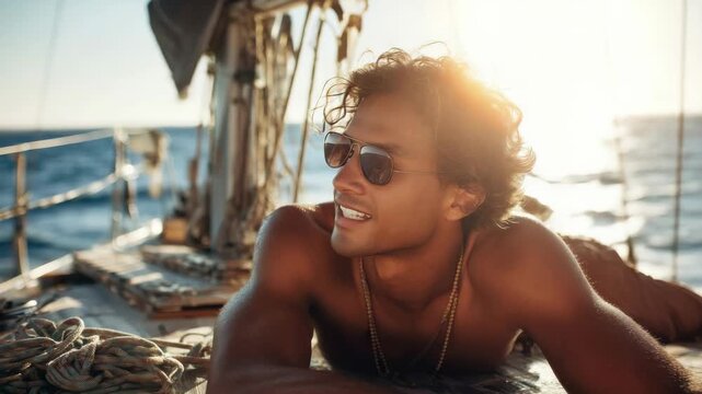 Smiling man enjoying a sunny day on a sailboat, relaxing on deck