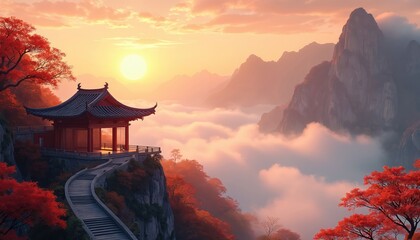 Oriental asian scene shows chinese pagoda on top of mountain peak in clouds at sunrise. Stone stairway leads up to pavilion surrounded by red autumn foliage on hillside in China.