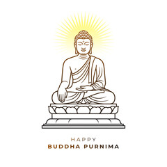 Happy Vesak Day, lord Buddha Purnima wishes greetings, card and line art on white background.