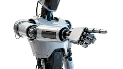 Advanced robot with articulated fingers pointing towards the future of technology development and human interaction