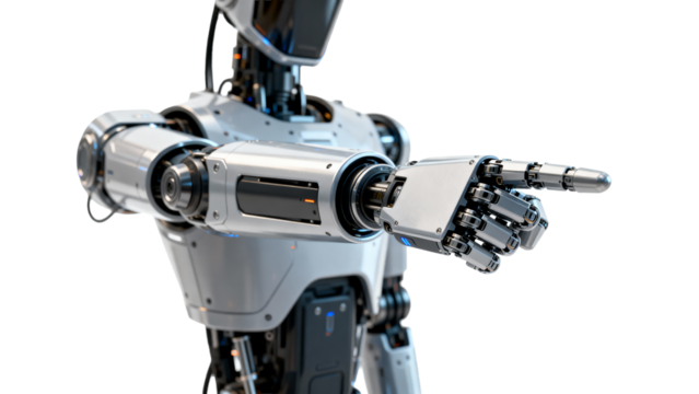 Advanced robot with articulated fingers pointing towards the future of technology development and human interaction