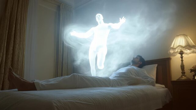 Human passing scene: soul separation, body quiet, death ritual, angelic presence, sacred meeting, spiritual crossing, eternal release, divine farewell, peaceful transit, heavenly embrace, final breath