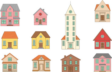House icons, residential buildings, home styles, architecture set, colorful houses, urban design, property illustration, flat vector illustration