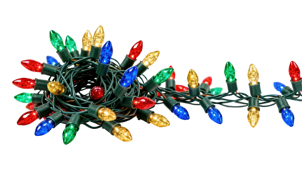 Brightly colored holiday lights in green wire for festive decoration during the winter season