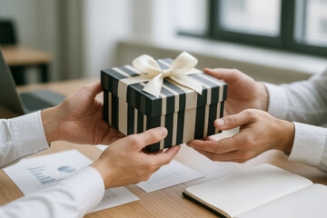 Hands exchanging an elegant striped gift box in a modern office environment, symbolizing corporate appreciation, gratitude and professional relationships 