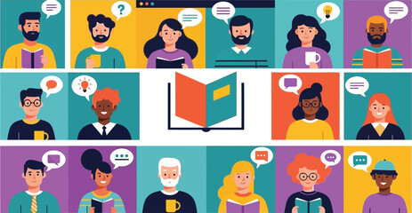 Diverse group of people engaged in online learning and discussion, sharing ideas and knowledge virtually.
