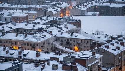 Snowy rooftops of an old European city on a cold winter evening. Urban landscape with smoking chimneys and glowing windows