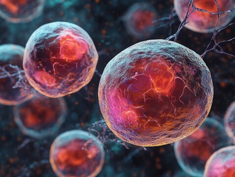 Vibrant abstract depiction of molecular structures, representing biochemical processes and scientific discovery.  Ideal for science, biology, and research contexts.