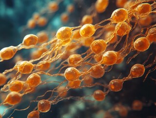 Intricate abstract depiction of cellular structure, emphasizing organic molecules and their interconnected relationships.  A visually compelling representation of biological complexity.