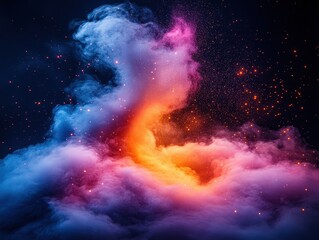 Obraz premium A breathtaking cosmic scene showcases vibrant swirls of blue, pink, and orange clouds, illuminated by twinkling stars resembling distant fireworks. A dark backdrop amplifies the celestial spectacle.
