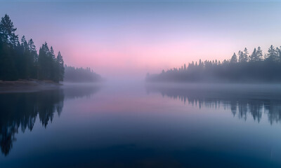 Fototapeta premium Serene misty lake reflecting soft pink and blue sunrise sky at dawn