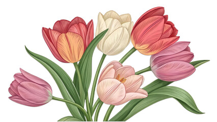 “Tulip flower bunch vector, smooth shading, botanical style, isolated transparent.”