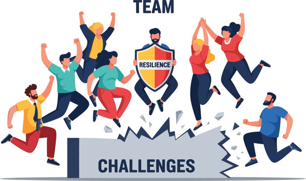 Diverse team leaps over challenges with resilience, celebrating success and unity - Powered by Adobe