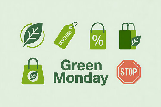 Discover amazing deals and eco-friendly savings this Green Monday with vibrant shopping bag icons, discount tags, and a stop sign symbolizing smart purchasing.