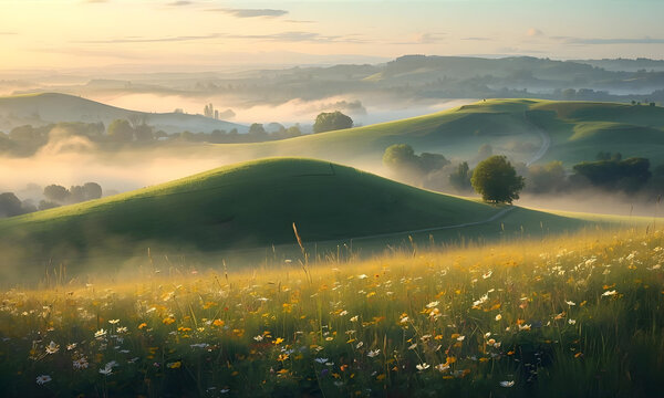 Misty morning sunrise over rolling green hills and wildflowers in a serene landscape