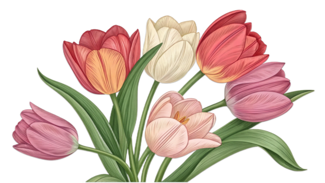 “Tulip flower bunch vector, smooth shading, botanical style, isolated transparent.”