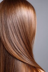 Fototapeta premium Silky light brown straight hair closeup with smooth strands forming soft curve against grey studio background, concept of healthy shine haircare beauty