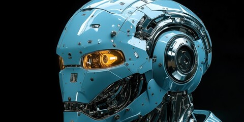 Fototapeta premium A striking close-up of a blue robotic head featuring glowing yellow eyes. The black background emphasizes the futuristic and technological aspects of the image.