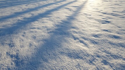 Soft Snowy Landscape with Gentle Shadows Cast by Morning Sunlight Illuminating the Textured Surface of Fresh Snow in a Serene Winter Setting